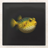 Black 4 Luxe Glass coaster, Yellow Pufferfish