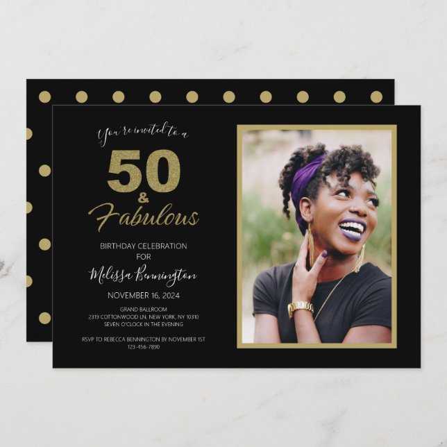 Black 50 and Fabulous 50th Birthday Party Photo Invitation (Front/Back)