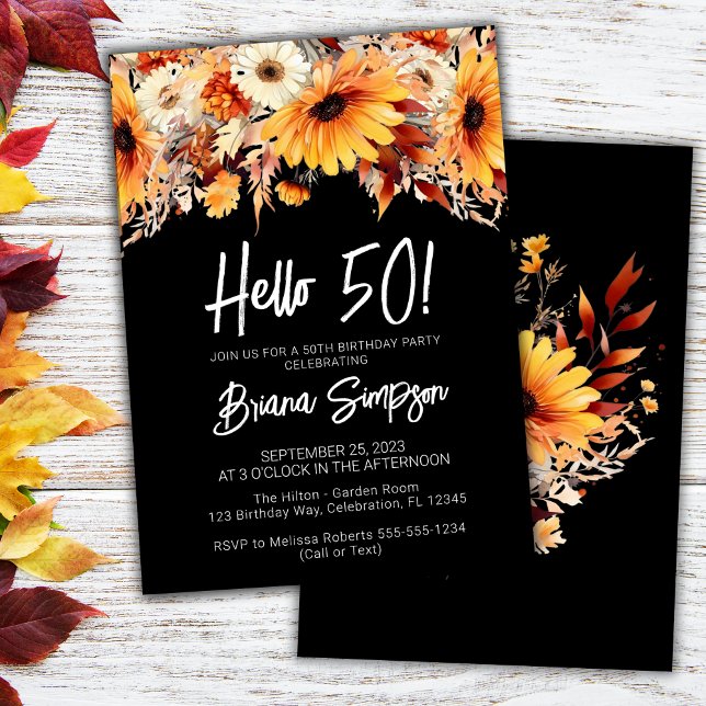 Black 50th Birthday Fall Floral Invitation (Creator Uploaded)