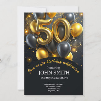 Black 50th birthday golden balloons glittering  invitation