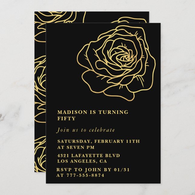 Black 50th birthday invitations Gold Flowers (Front/Back)