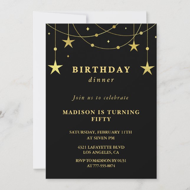 Black 50th birthday invitations Gold Stars (Front)