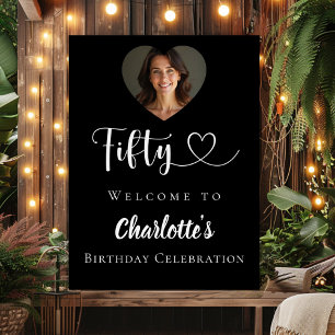 Black 50th birthday party photo heart welcome poster
