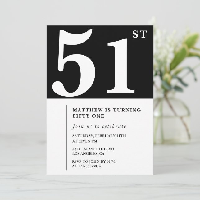 Black 51st birthday invitation Elegant Chic Simple (Standing Front)