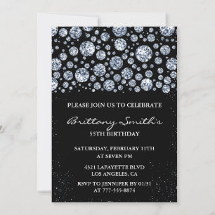 Black 55th birthday invitation Diamond Silver 