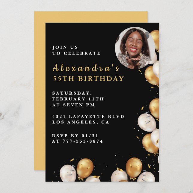 Black 55th birthday invitation Gold Balloon Photo  (Front/Back)