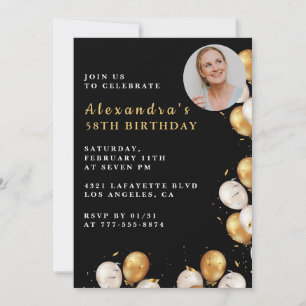 Black 58th birthday invitation Gold Balloon Photo
