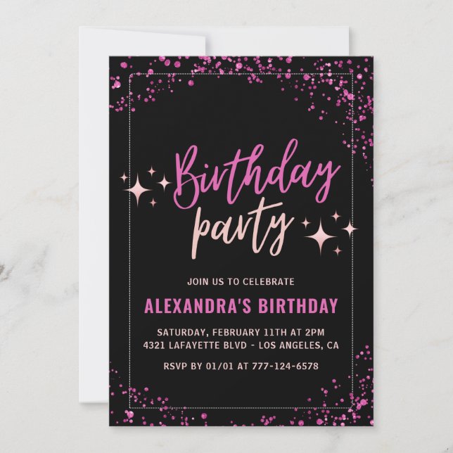 Black 5th birthday invitations Pink Glitter party (Front)
