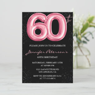 Black 60th birthday invitations Balloon Glam Pink