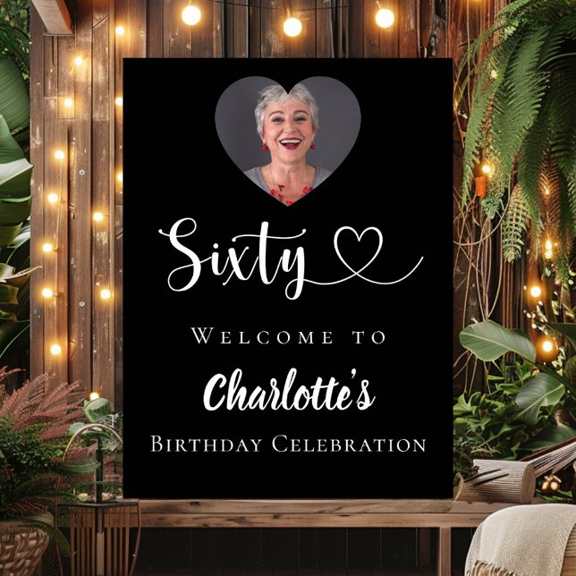 Black 60th birthday party photo heart welcome poster (Creator Uploaded)