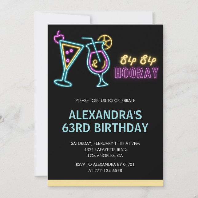 Black 63rd birthday invitations Cocktail Neon Glow (Front)