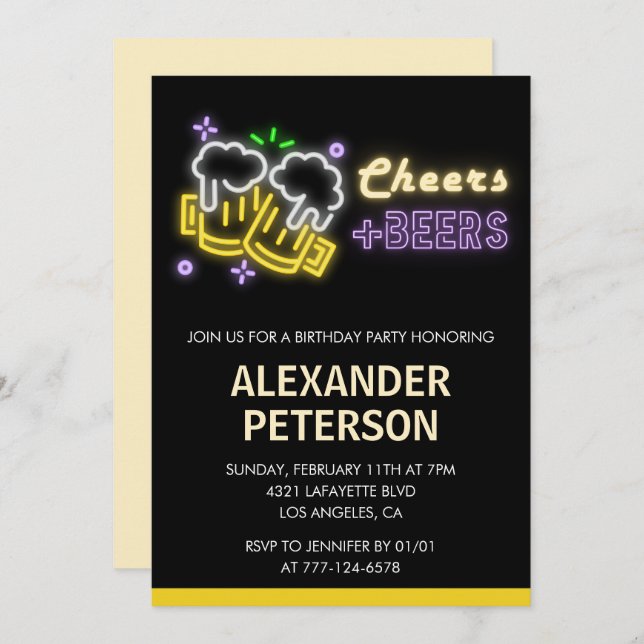 Black 65th birthday invitation Beer Men Neon (Front/Back)