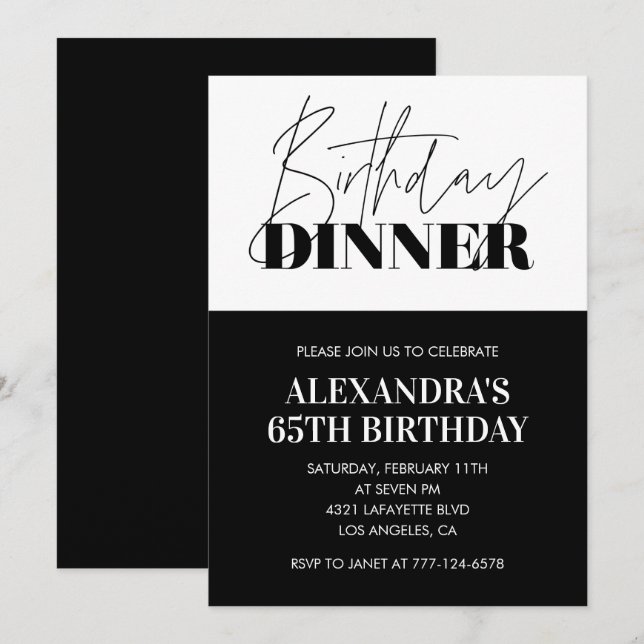 Black 65th birthday invitations Dinner White (Front/Back)