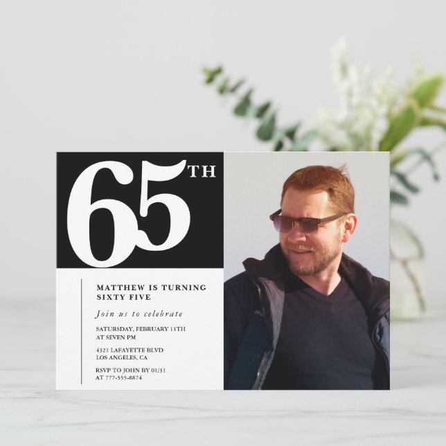 Black 65th birthday invitations Modern Chic Photo (Standing Front)