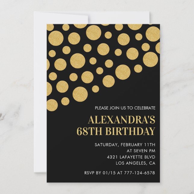 Black 68th birthday invitations Gold Confetti (Front)