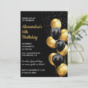 Black 6th birthday invitations Gold Glitter Glam 