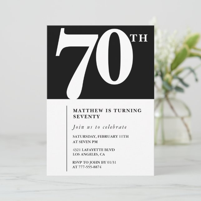 Black 70th birthday invitation Elegant Chic Simple (Standing Front)