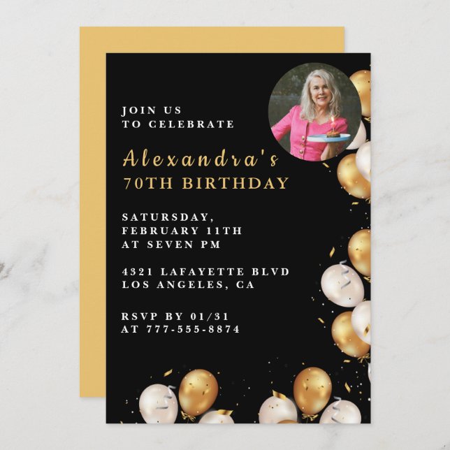 Black 70th birthday invitation Gold Balloon Photo  (Front/Back)
