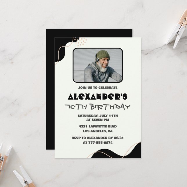 Black 70th birthday invitations Men Simple Photo (Front/Back In Situ)