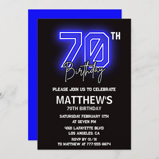 Black 70th birthday invitations Modern Sport Neon (Front/Back)