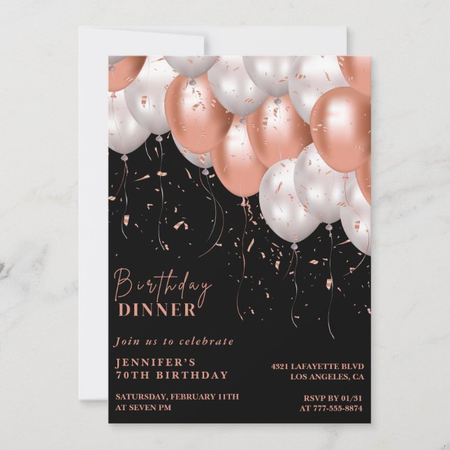 Black 70th birthday invitations Rose gold Pink  (Front)