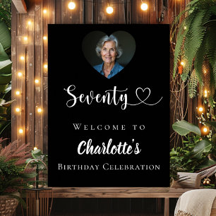 Black 70th birthday party photo heart welcome poster