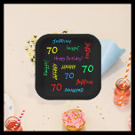 Black 70th Birthday Party, Repeating Names Square Paper Plate<br><div class="desc">What a wonderful, personalised paper plate for a 70th birthday party or any other occasion. Name and Age repeat in different fonts and primary colours on a black background. Easy to personalise - just CHANGE NAME, AGE, and OCCASION in ONE PLACE. Supports name up to 9 characters. A colourful and...</div>