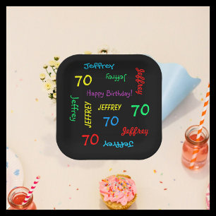 Black 70th Birthday Party, Repeating Names Square Paper Plate