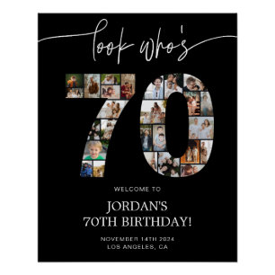 Black 70th Birthday Photo Collage Welcome Sign
