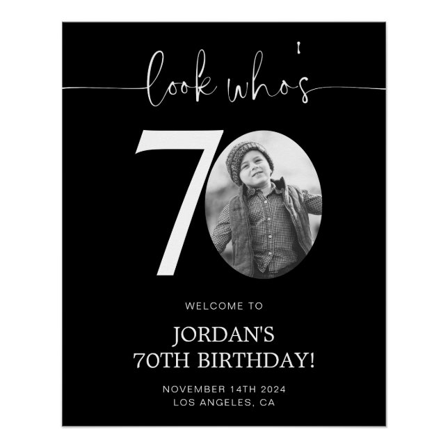 Black 70th Birthday Welcome Sign | Look Who's 70 (Front)