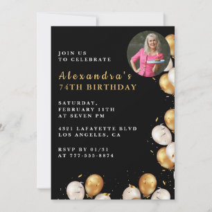 Black 74th birthday invitation Gold Balloon Photo 
