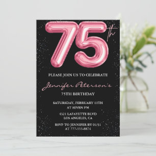 Black 75th birthday invitations Balloon Glam Pink