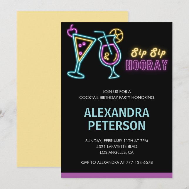 Black 75th birthday invitations Cocktail Neon Glow (Front/Back)