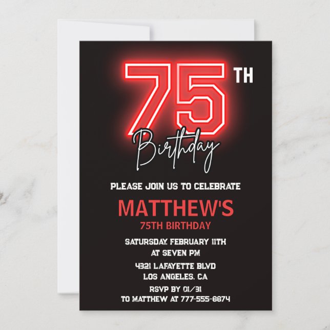 Black 75th birthday invitations Men Neon (Front)