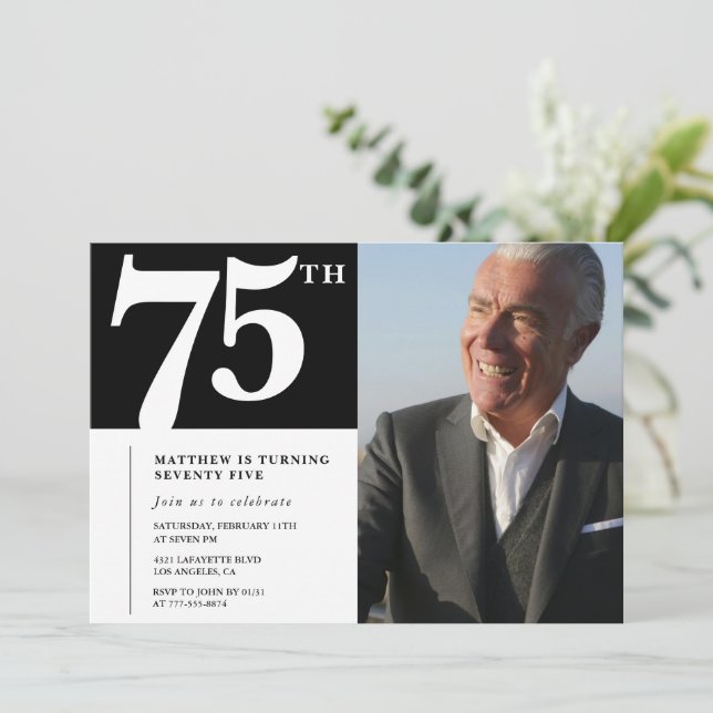 Black 75th birthday invitations Modern Chic Photo (Standing Front)
