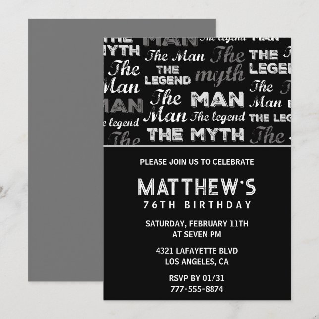 Black 76th birthday invitation for him Myth Legend (Front/Back)