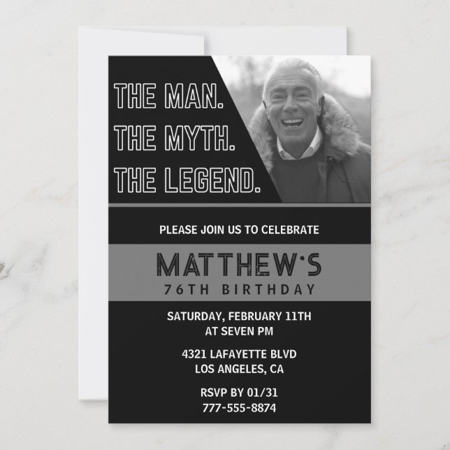 Black 76th birthday invitations The Man The Legend (Front)