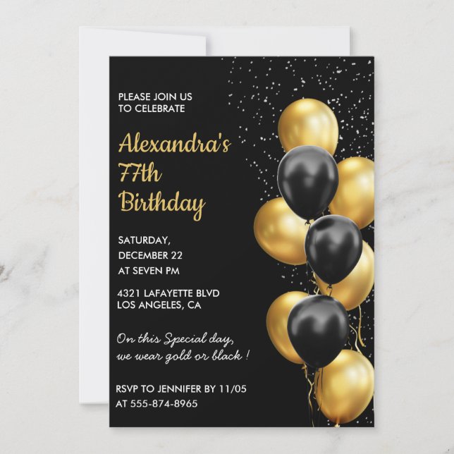 Black 77th birthday invitations Gold Glitter Glam (Front)