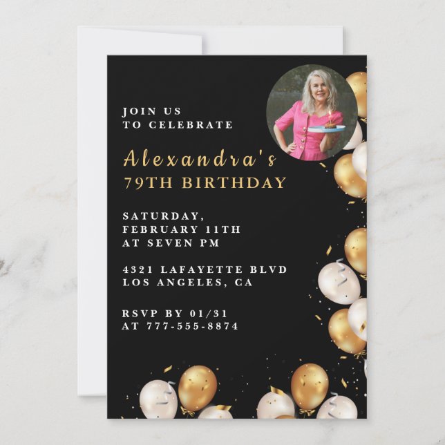 Black 79th birthday invitation Gold Balloon Photo  (Front)