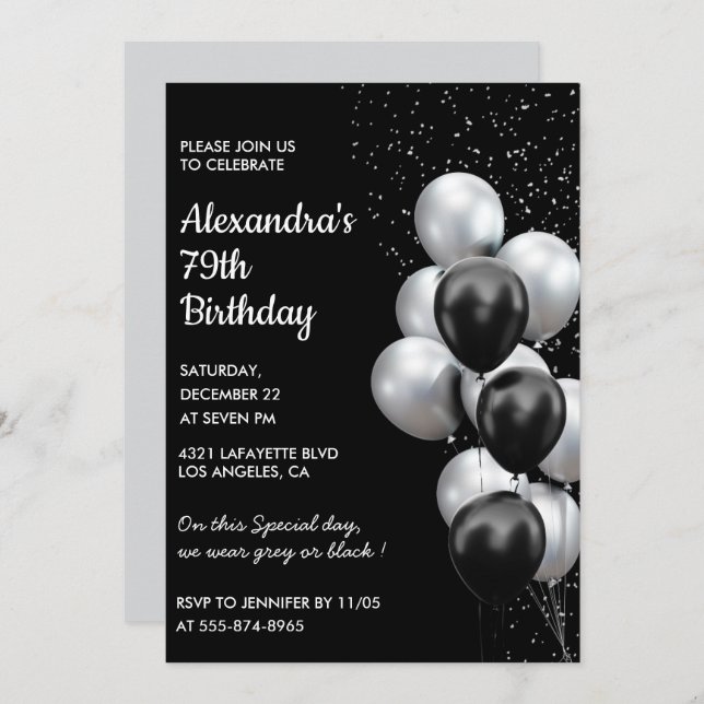Black 79th birthday invitations Balloons Silver (Front/Back)