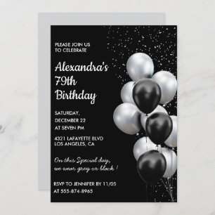 Black 79th birthday invitations Balloons Silver