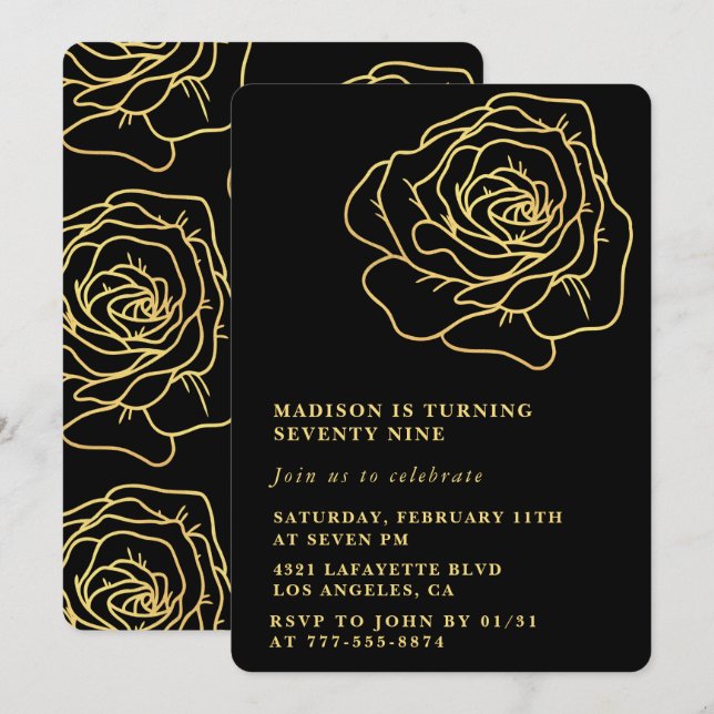 Black 79th birthday invitations Gold Floral (Front/Back)