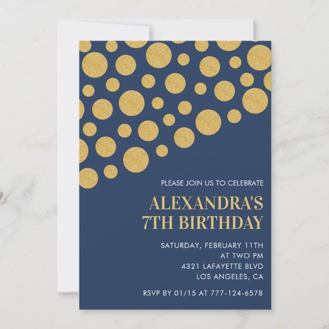 Black 7th birthday invitations Gold Navy  (Front)