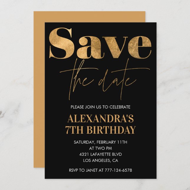 Black 7th birthday invitations Save the date Gold (Front/Back)
