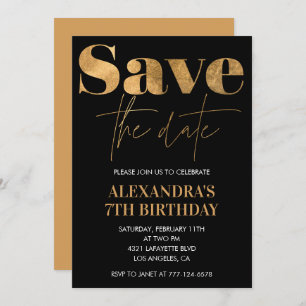 Black 7th birthday invitations Save the date Gold