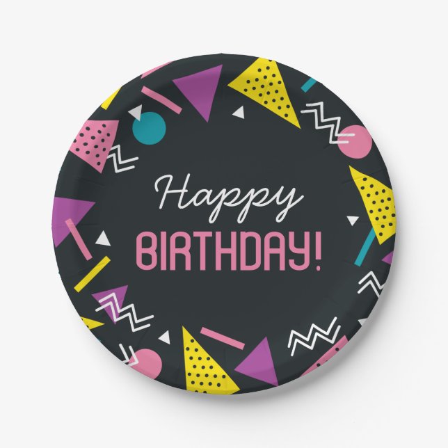 Black 80s Pattern Birthday  Paper Plate (Front)