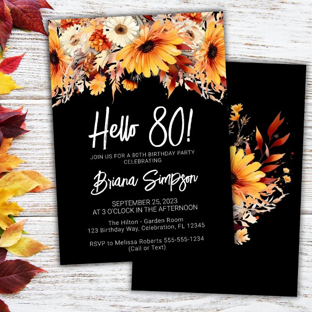 Black 80th Birthday Fall Floral  Invitation (Creator Uploaded)