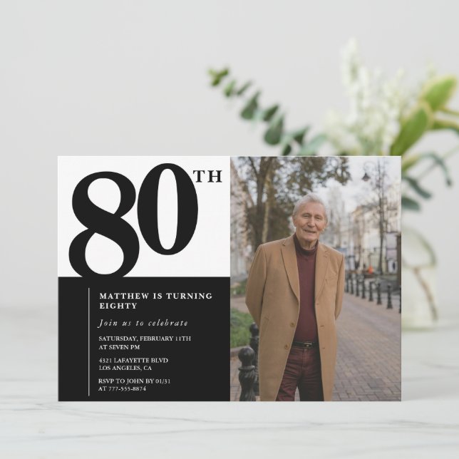 Black 80th birthday invitations Elegant Chic (Standing Front)