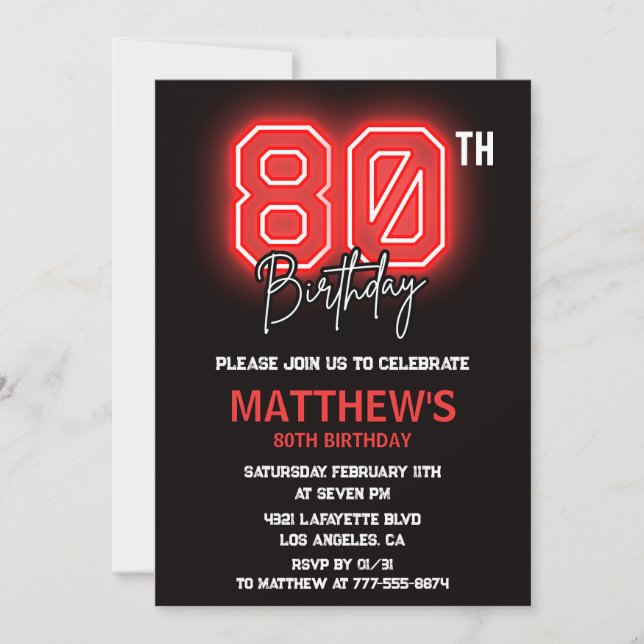 Black 80th birthday invitations Men Neon (Front)