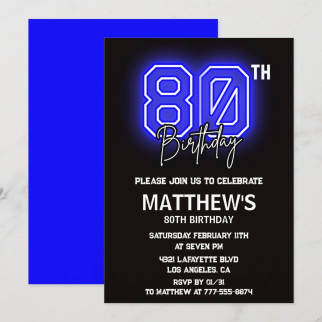 Black 80th birthday invitations Modern Sport Neon (Front/Back)